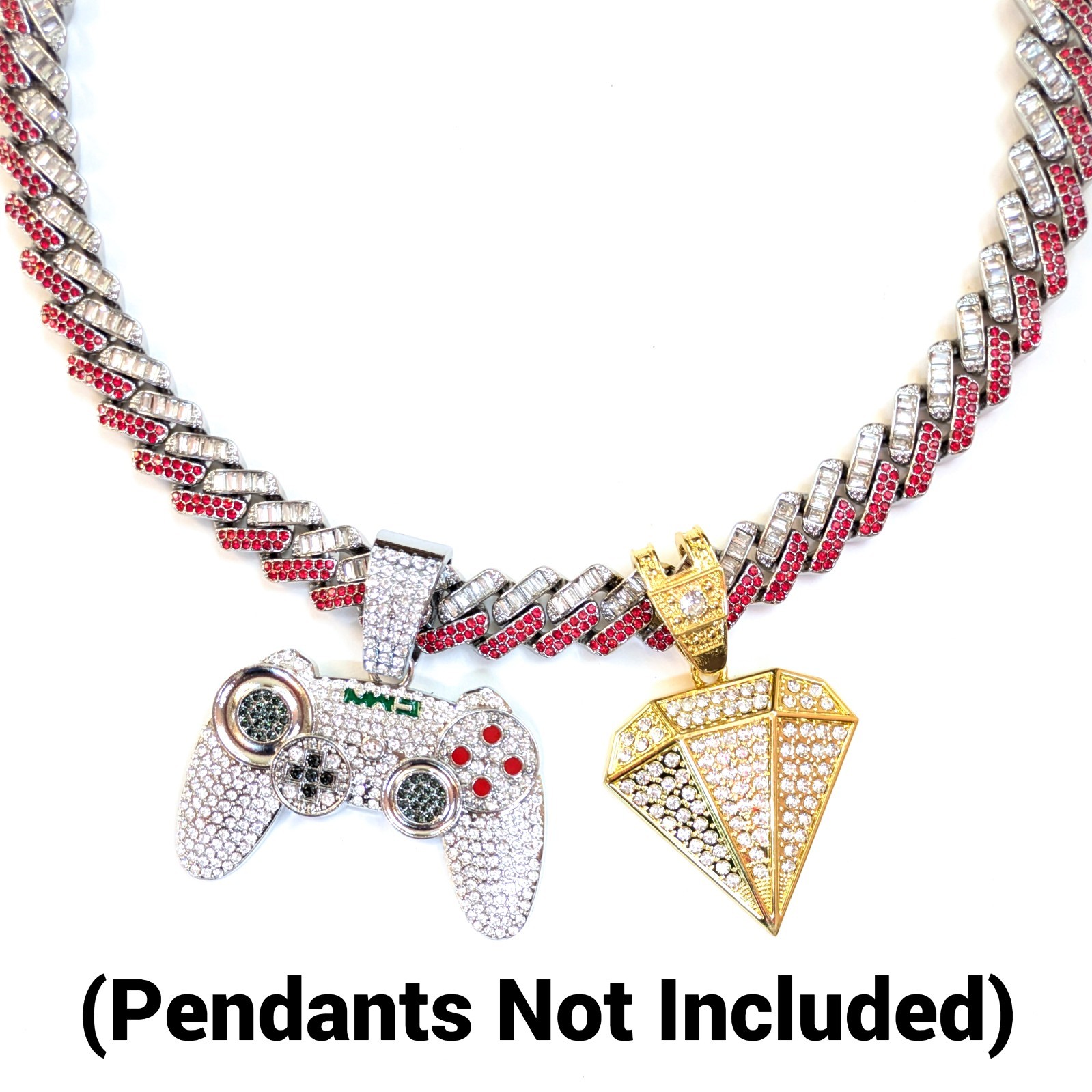Silver, Red &White Iced-Out Tilted Cuban Link Chain Gem Necklace (Choose Length)