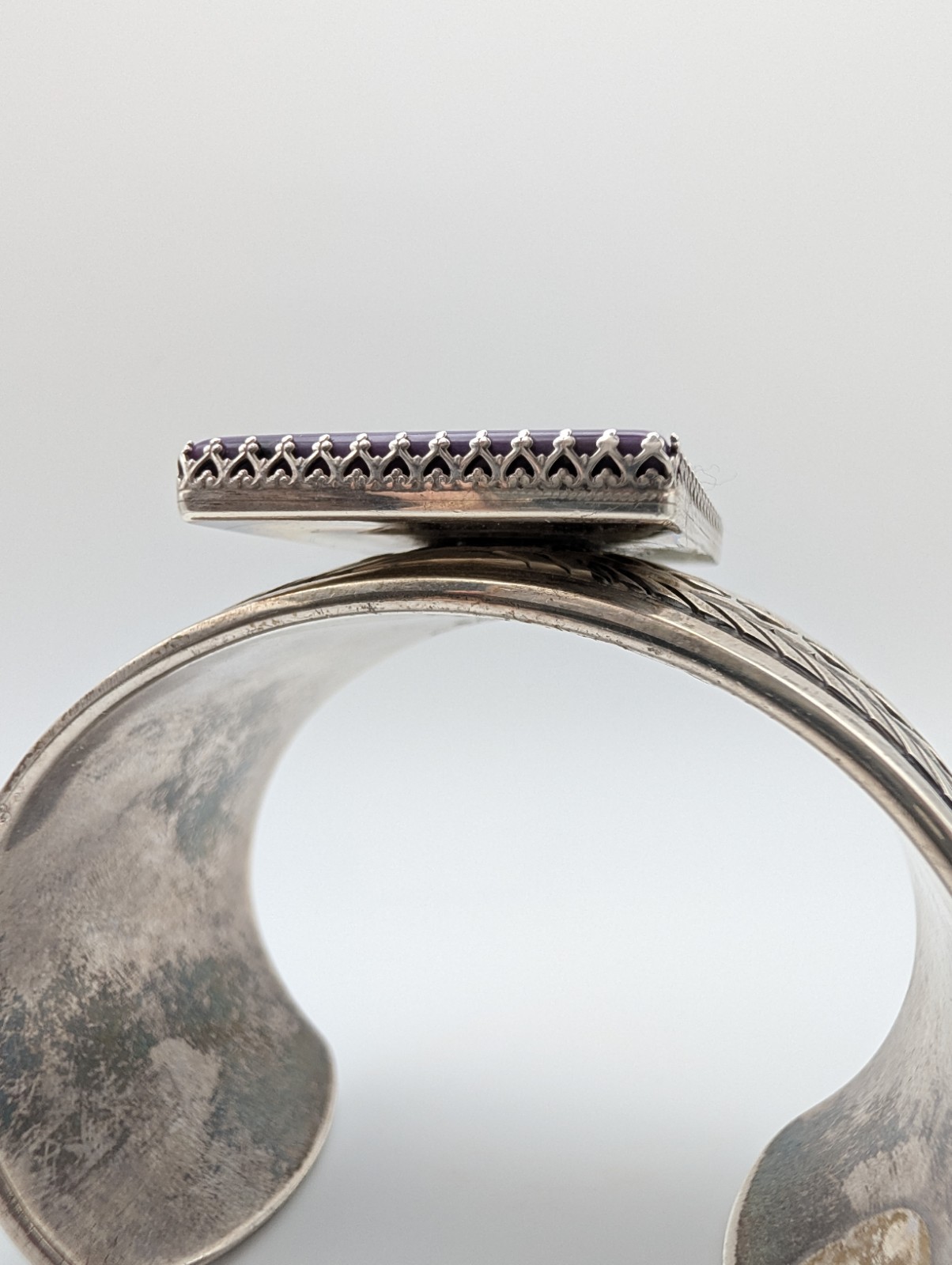 Gary S. Custer Navajo Sterling Charoite Cuff 114g Hand-Stamped 1⅜” Wide