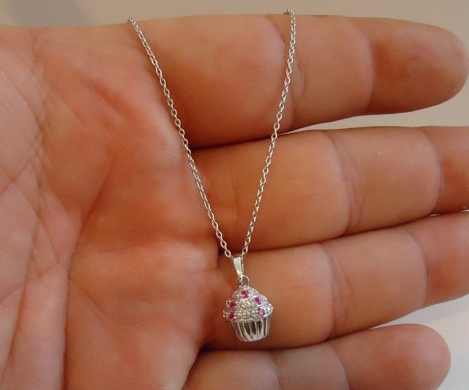 925 STERLING SILVER CUPCAKE PENDANT NECKLACE W/ ACCENTS / SIZE 17MM BY 9MM