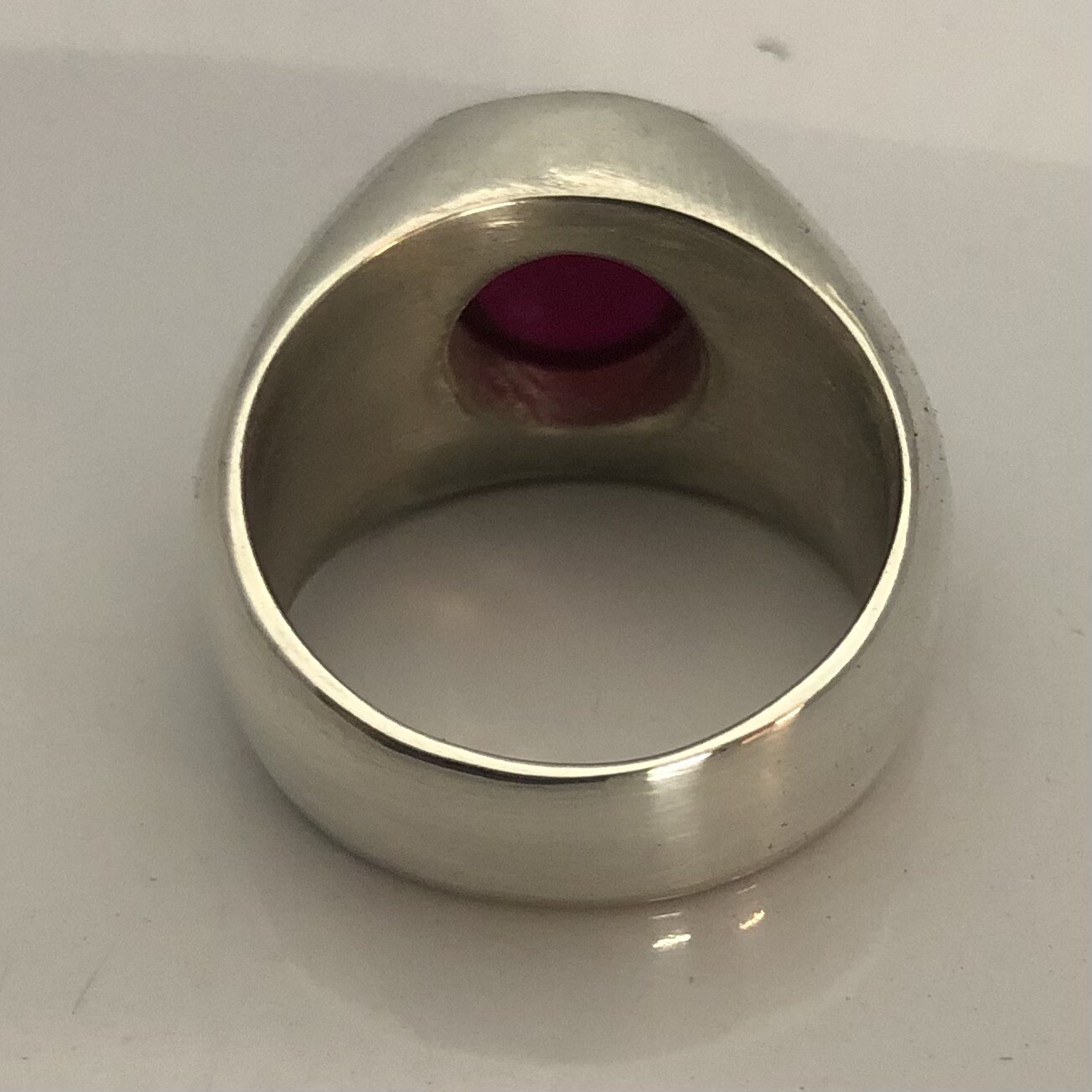 MJG STERLING SILVER MEN’S RING. 12mm ROUND LAB RUBY CABOCHON. SIZE 9 3/4