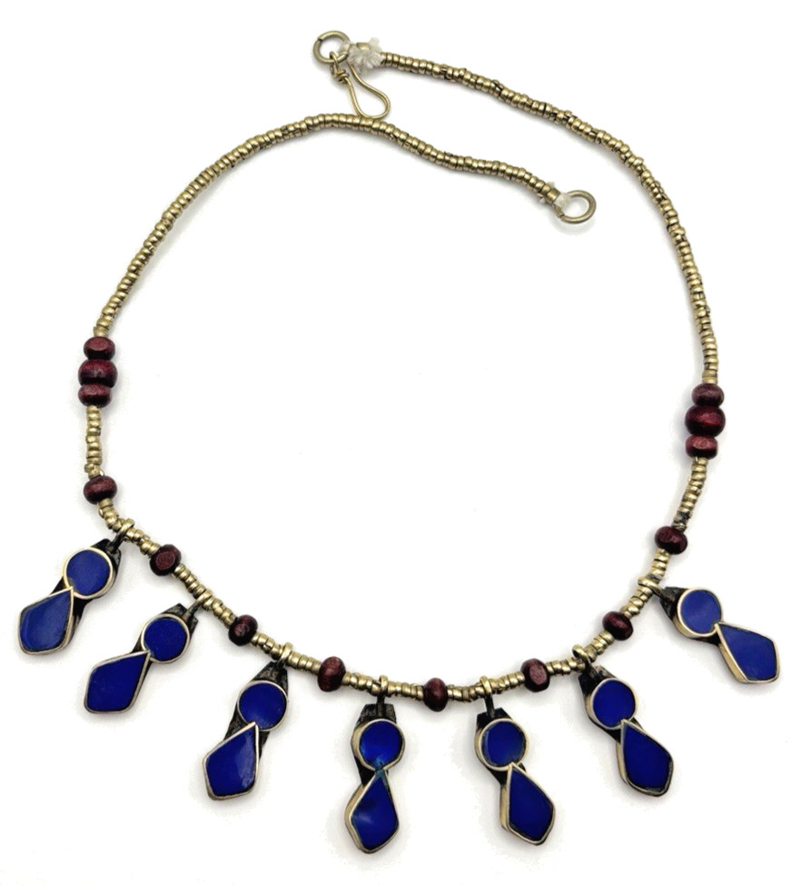 Egyptian Revival necklace with blue enamel pendants – 51cm, 30.7g