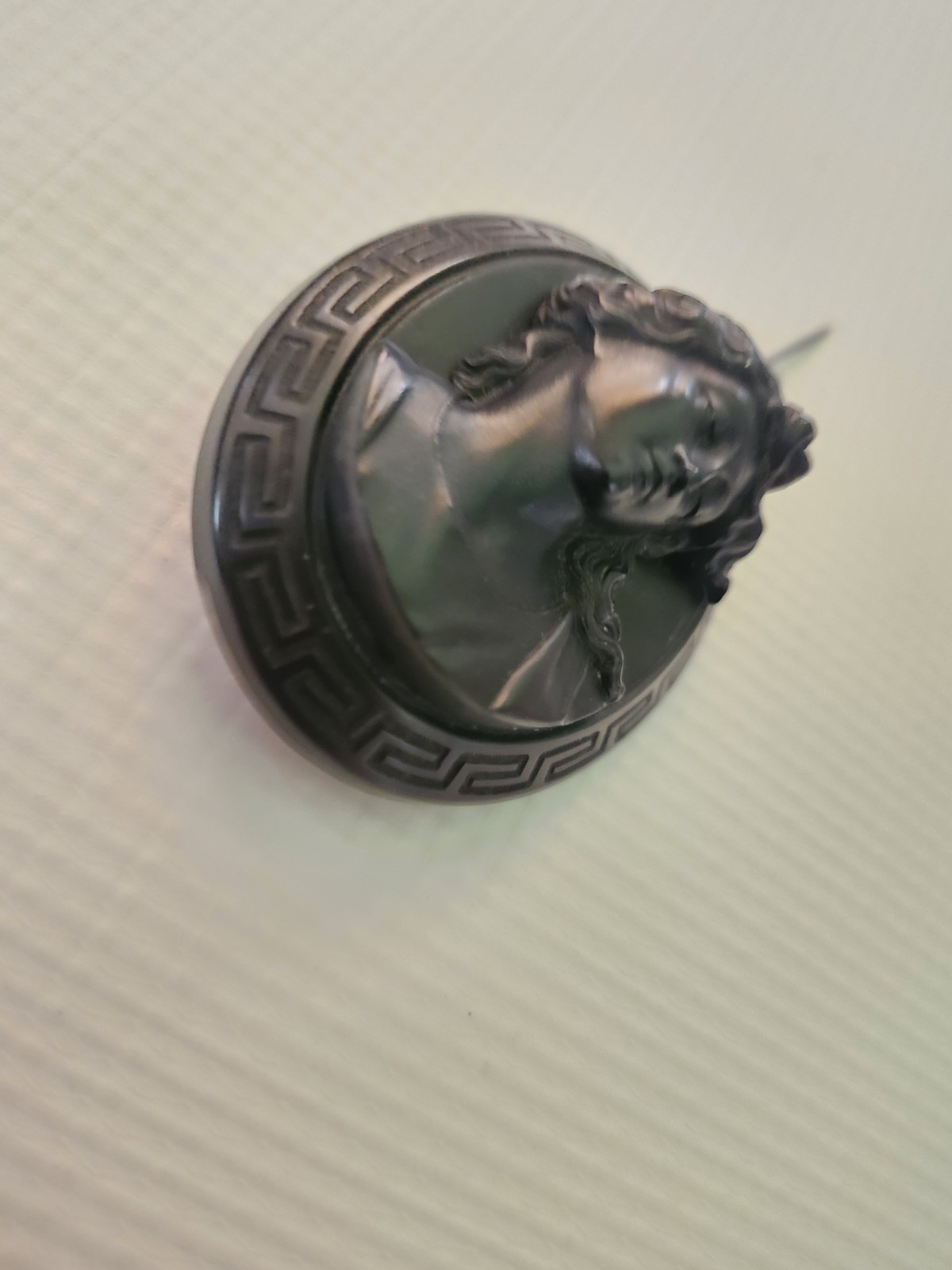 Antique 3D Victorian Vulcanite Cameo Brooch/Pin, Greek Key Design Border