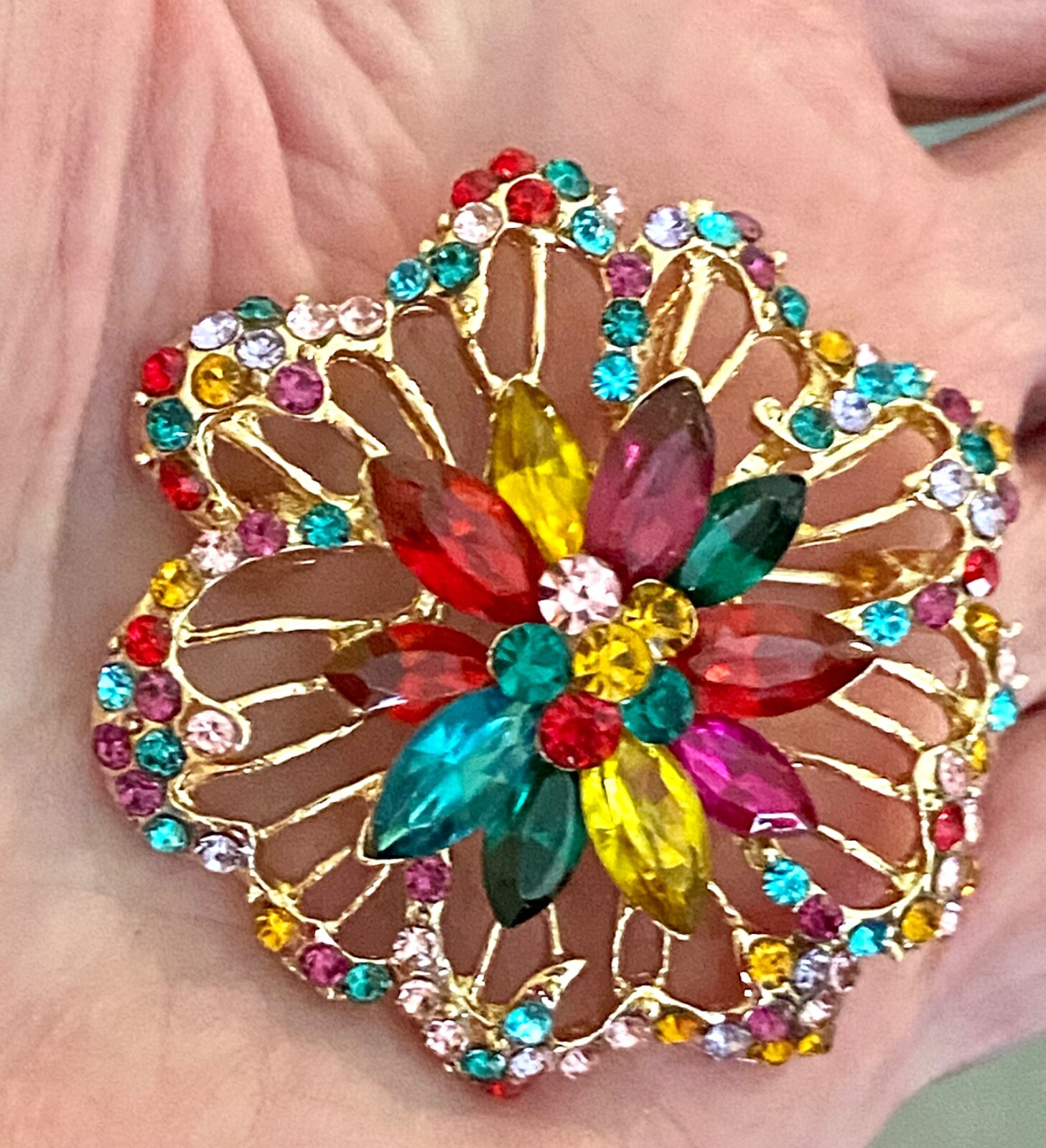 Multicolor Rhinestone Crystal Flower Brooch Pendant 1.95 inches