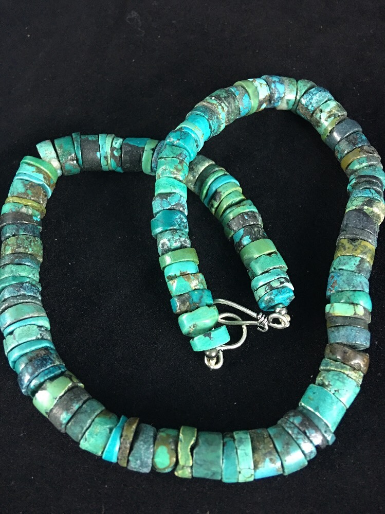 Blue Turquoise Bead 8mm Heishi Navajo Sterling Silver Necklace 20” 1135