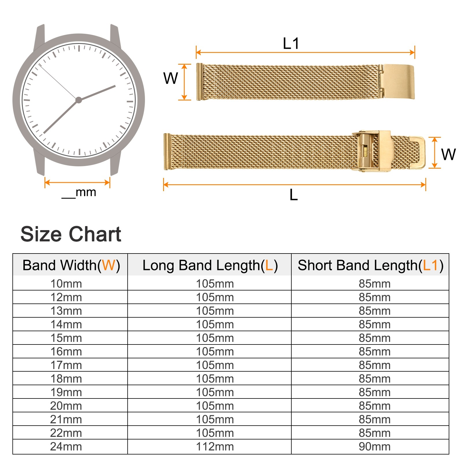 316L Stainless Steel Mesh Watch Band 15mm Quick Release Adjustable Gold