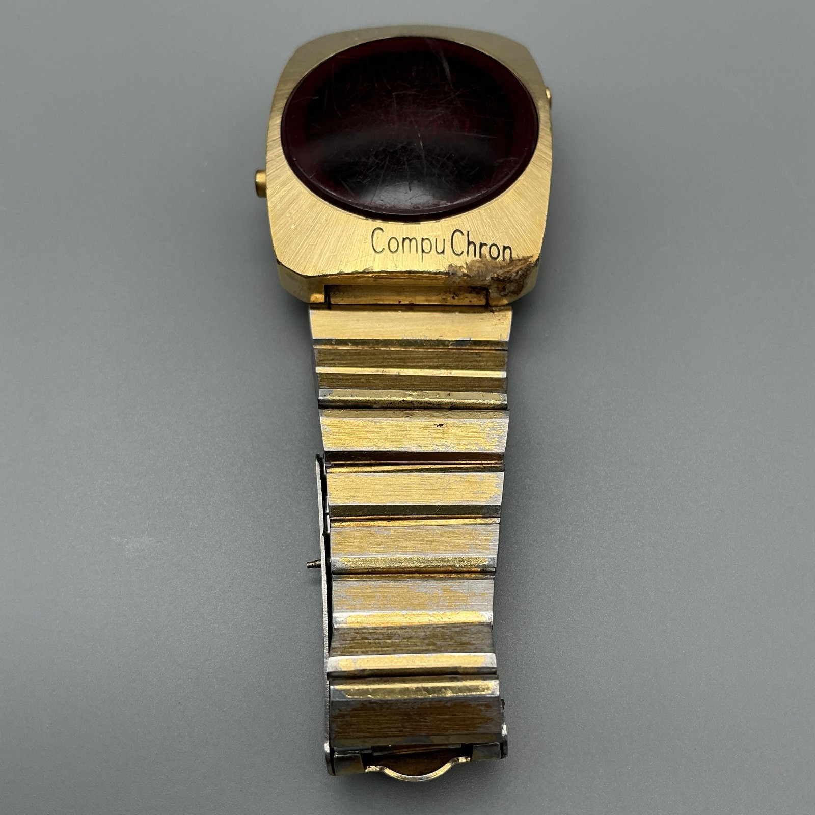 Vintage CompuChron Mens Watch 35mm Red LED Digital Gold Tone New Battery 7″