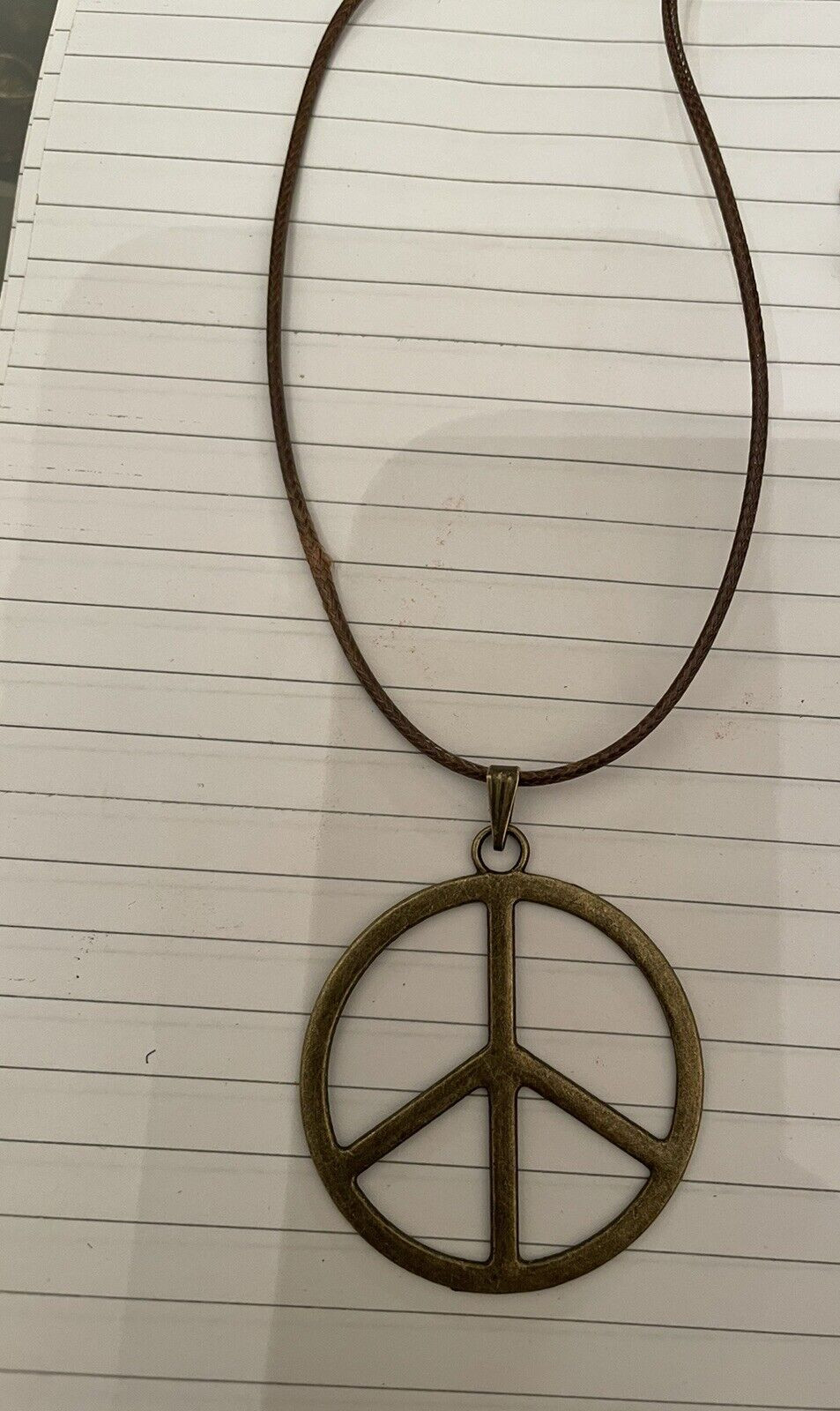 Retro Vintage Brass Large Round Peace Sign Pendant Brown Silk Cord Necklace