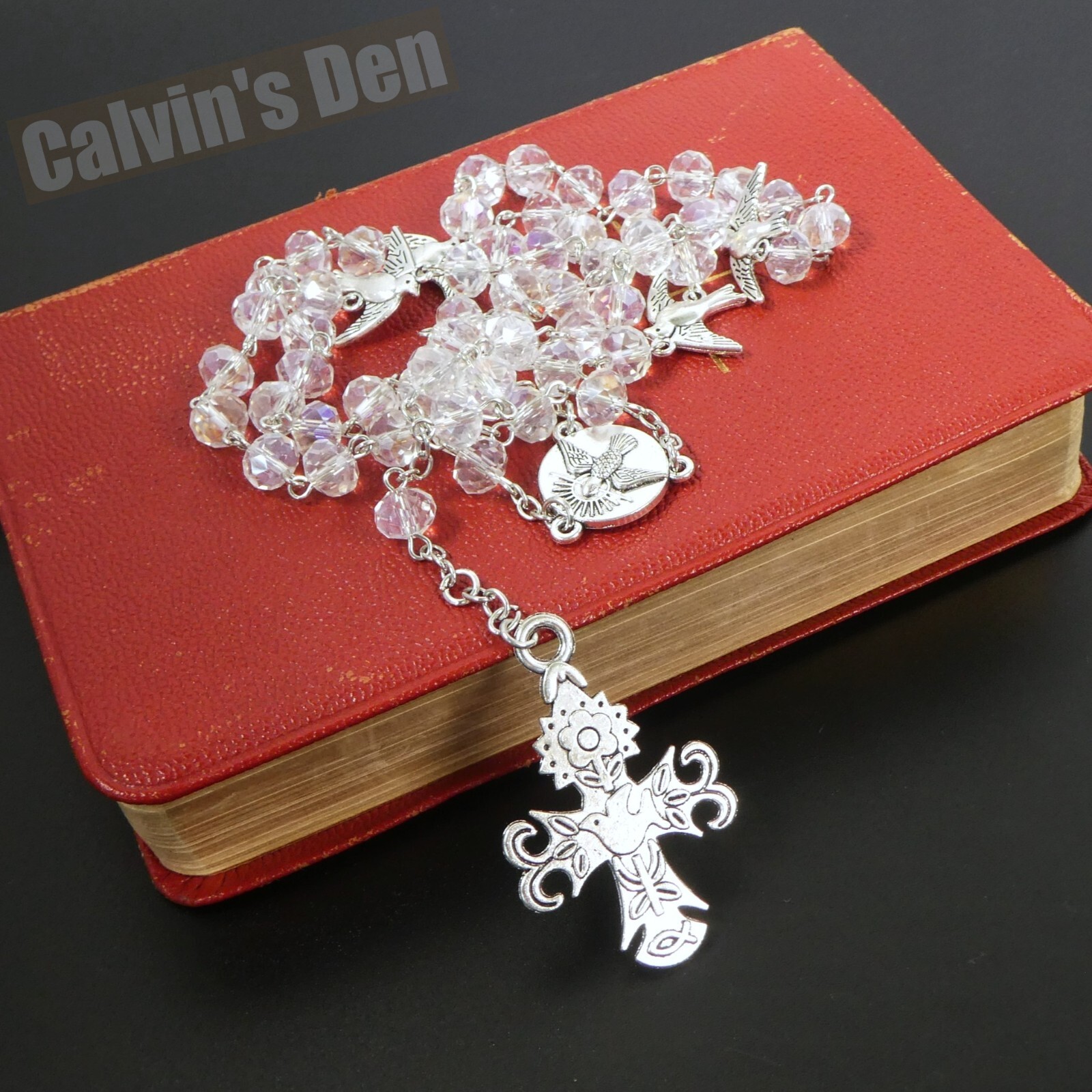 Holy Spirit Dove AB Clear Crystal Bead Cross Rosary Necklace Men Women Gift