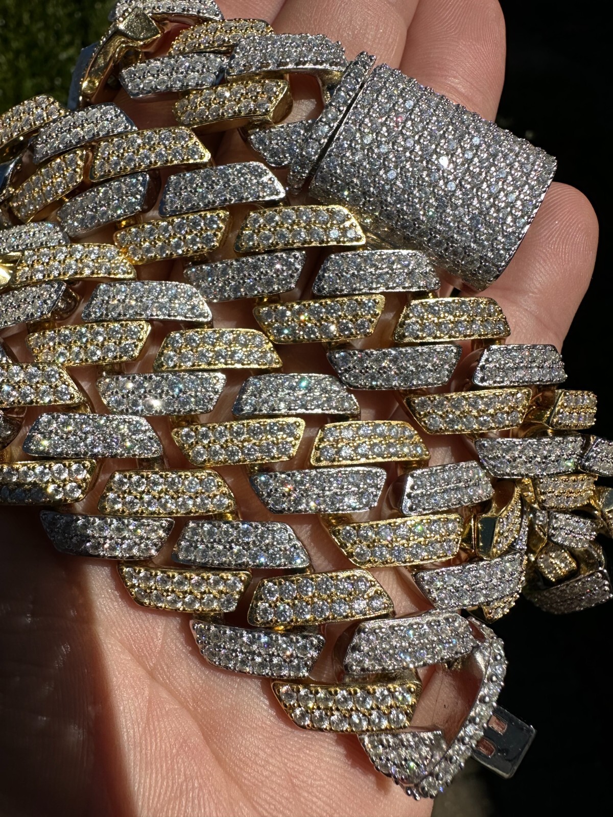 MOISSANITE Real Miami Cuban Link Prong Chain Ice Gold Plated 925 Silver Necklace