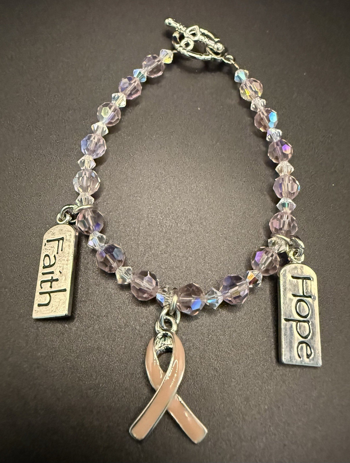 Swarovski Crystal Bead Cancer Bracelet Pink & Clear With Faith & Hope Charms