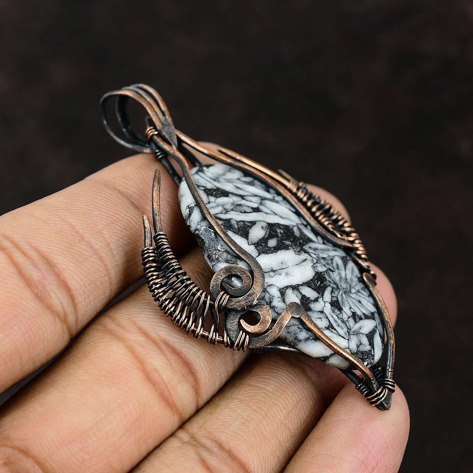 Pinolith Jasper Gemstone Jewelry Copper Bestie Gift Wire Wrapped Pendant 2.91″