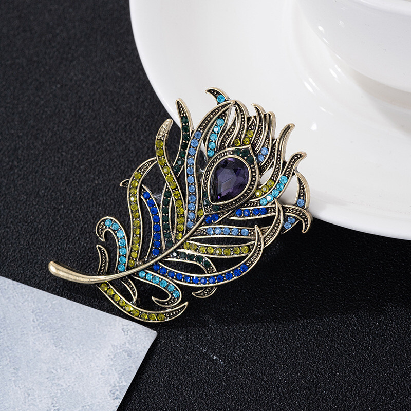 Brooch Women Antique Vintage Crystal Pin Jewelry Accesso Feather Rhinestone