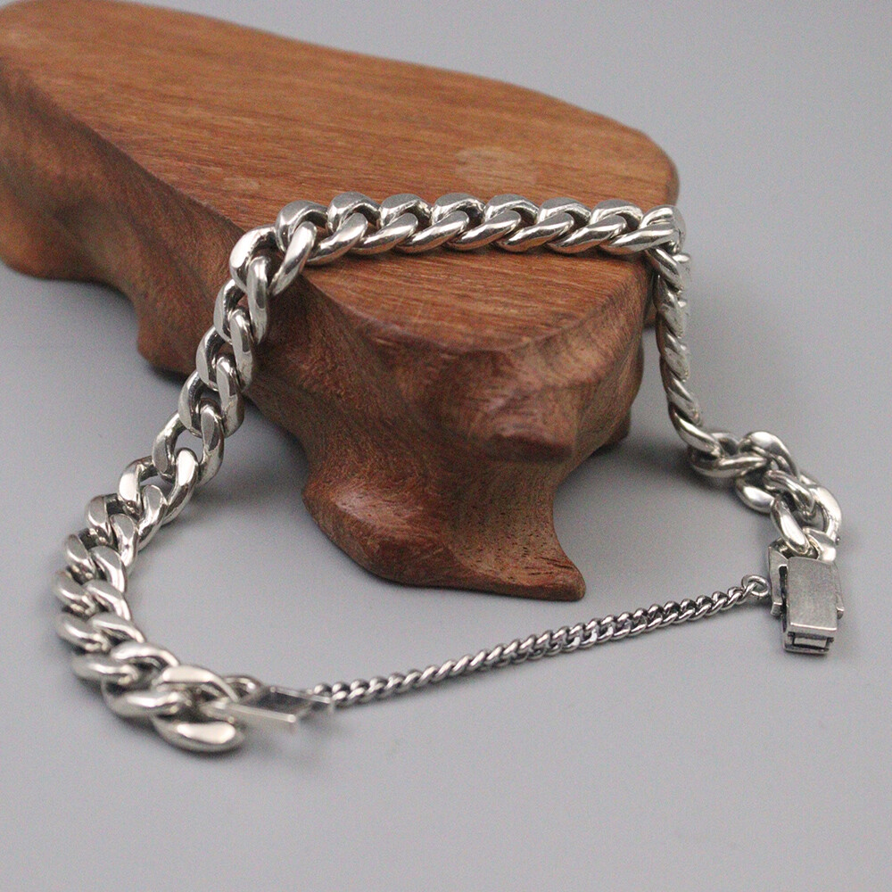 Pure S925 Sterling Silver Chain Men 8mm Curb Adjust Link Bracelet 34-35g 7.5inch