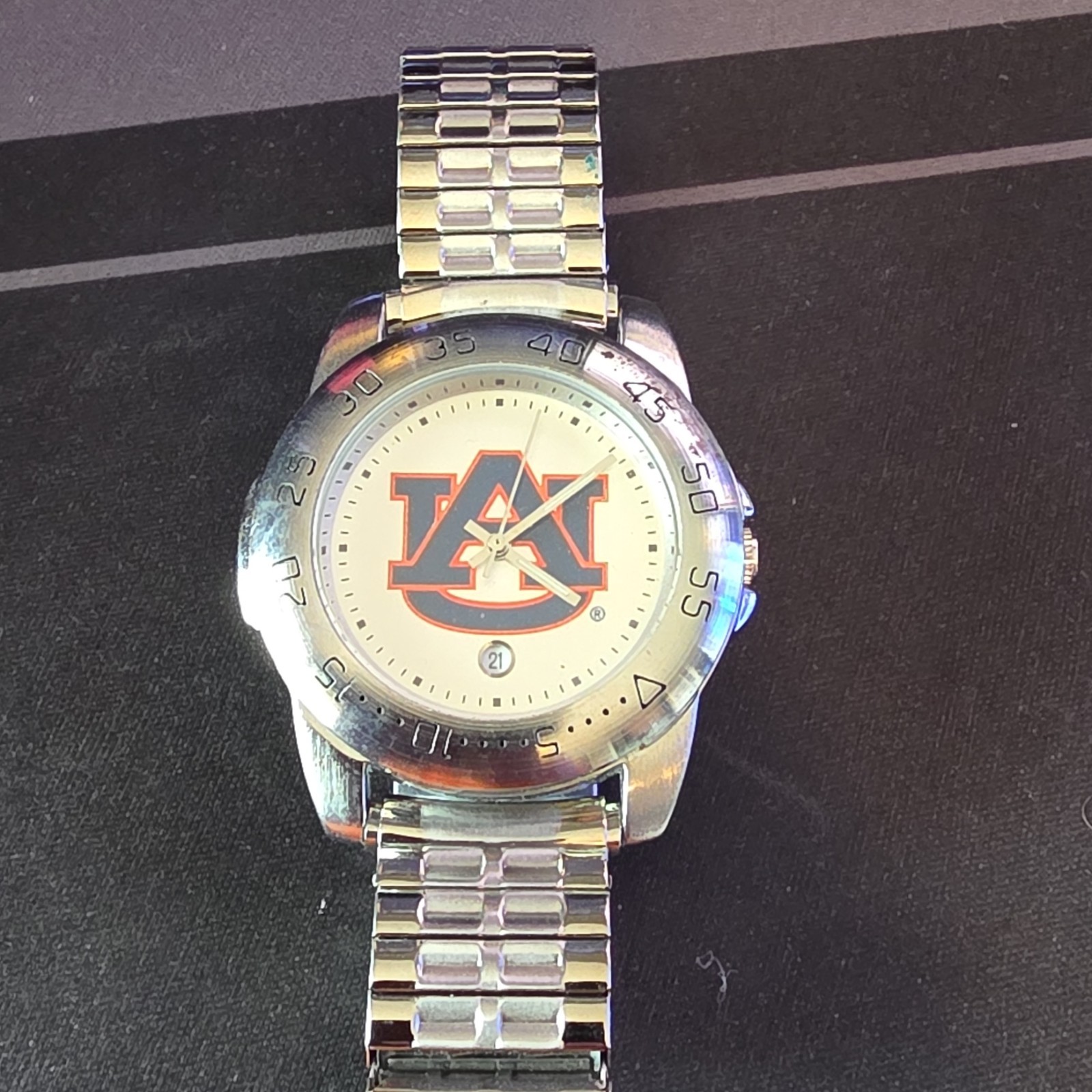 Auburn Tigers Quartz Analog Watch Silver Dial Date SS Bracelet 40-43.9mm