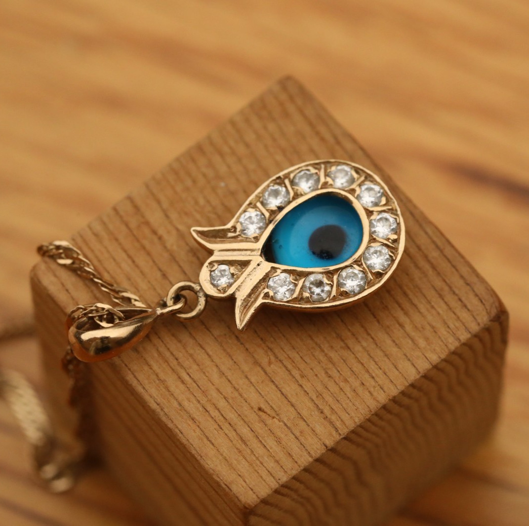 9ct Solid Yellow Gold 19″ Chain Necklace & an Evil Eye Pendant, Charm Vintage