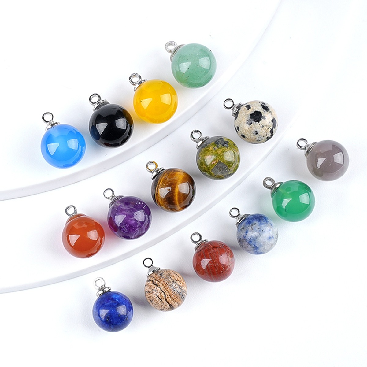 10MM Gemstone Round Ball Pendant Charms Bag Tag Silver Lobster Clasp 6PCS IN Bag