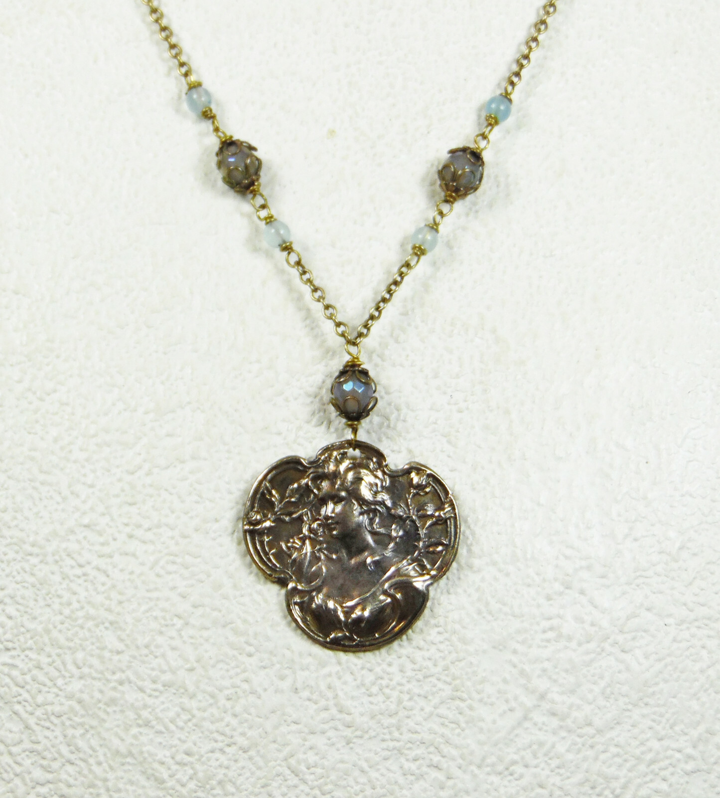 Aged Brass Art Nourveau Lady with Mystic Aura Quartz and Aquamarine Stone Beads