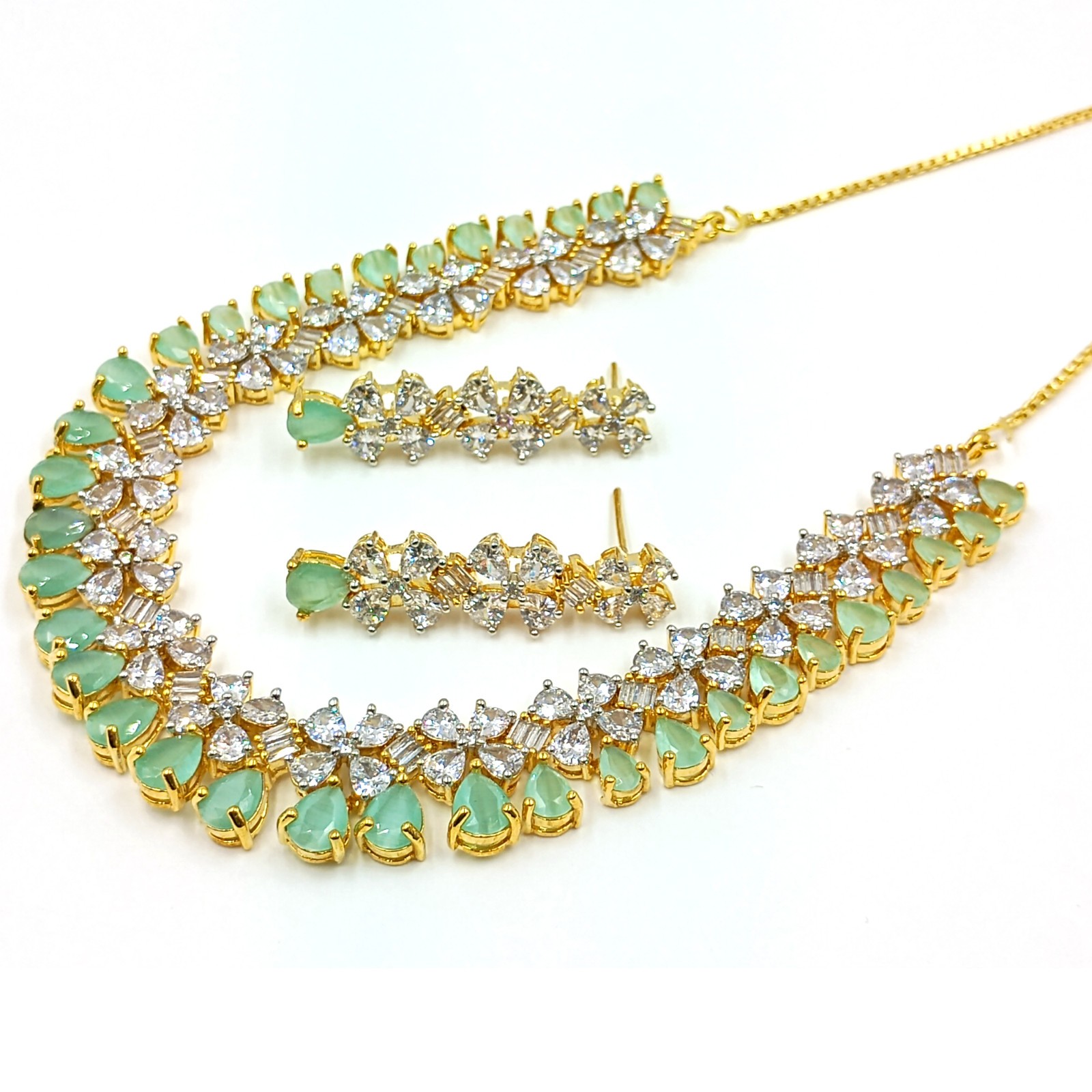 Designer Chalcedony CZ Diamond Gold Plated Necklace Set Bridal Jewelry For Women