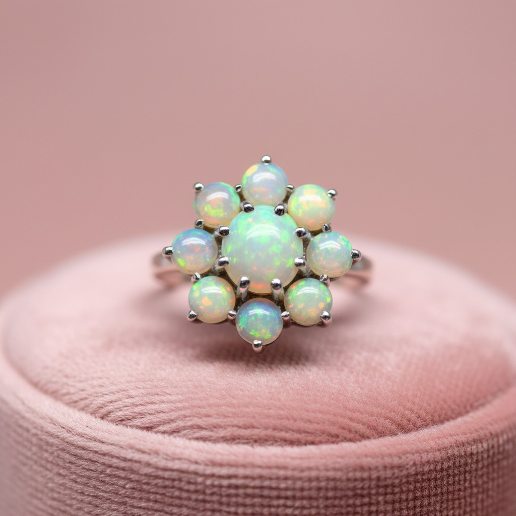 Ethiopian Opal Cluster Flower Ring 925 Sterling Silver Handmade Jewelry