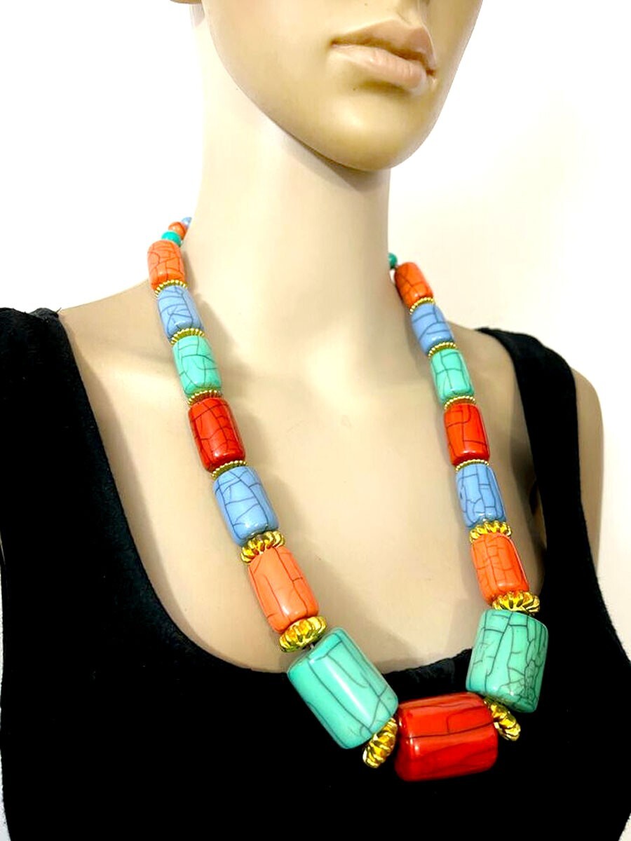 N7695 Ethnic Fashion Multi Color Resin Beads Gypsy Tribal Necklace Tibet Jewelry