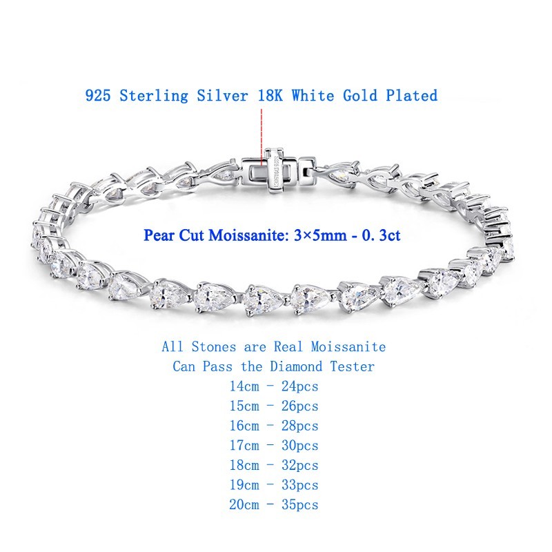 Full Pear Cut Real Moissanite Women Tennis Bracelet 925 Sterling Silver Chain