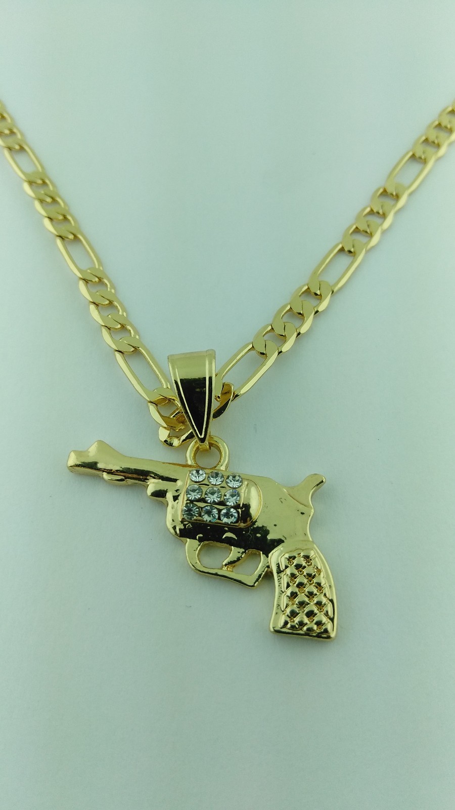 Revolver Gun Pendant with white stones Gold Plated and chain Dije de Revolver