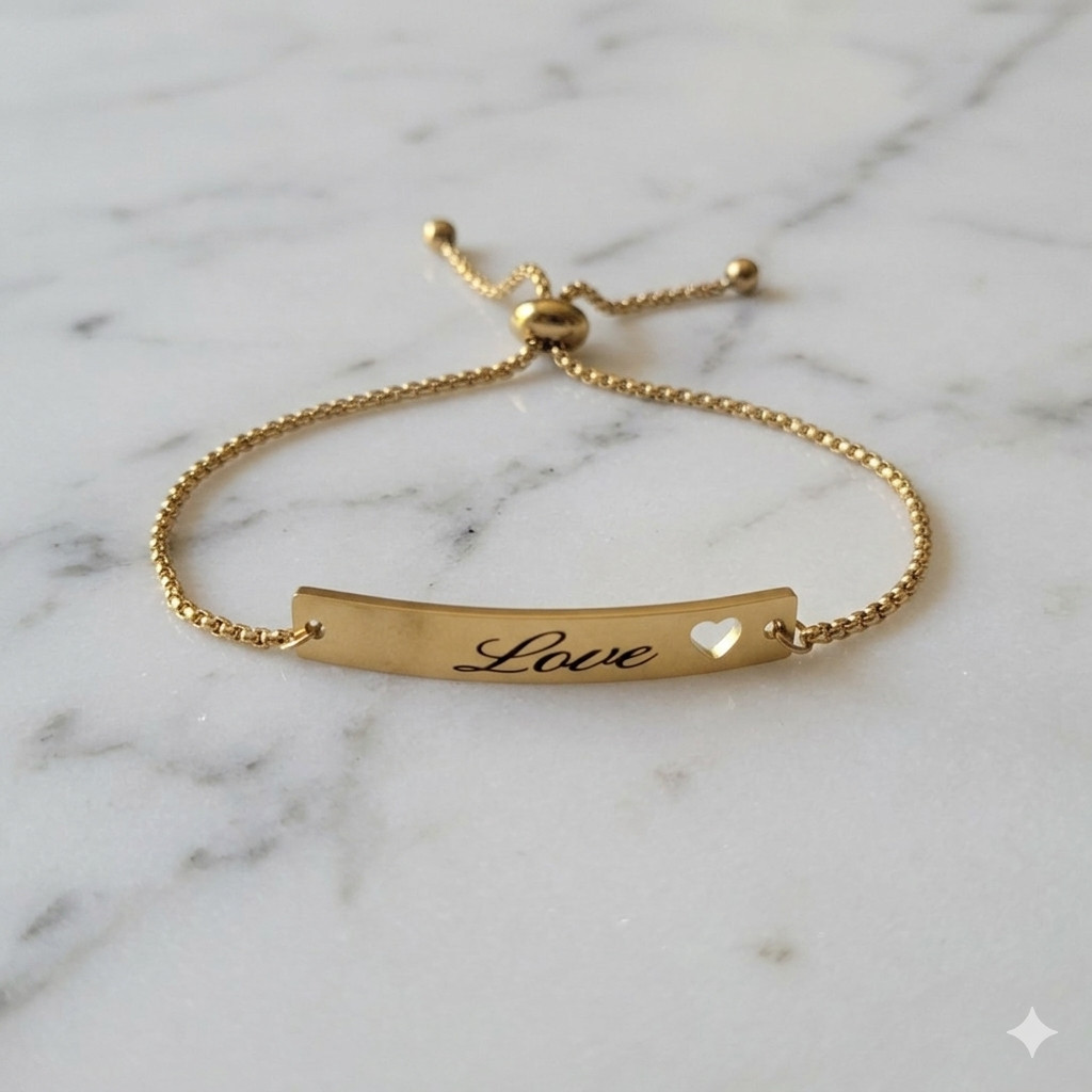 Gold Plated Stainless Steel Adjustable LOVE Engraved Cutout Heart Bracelet