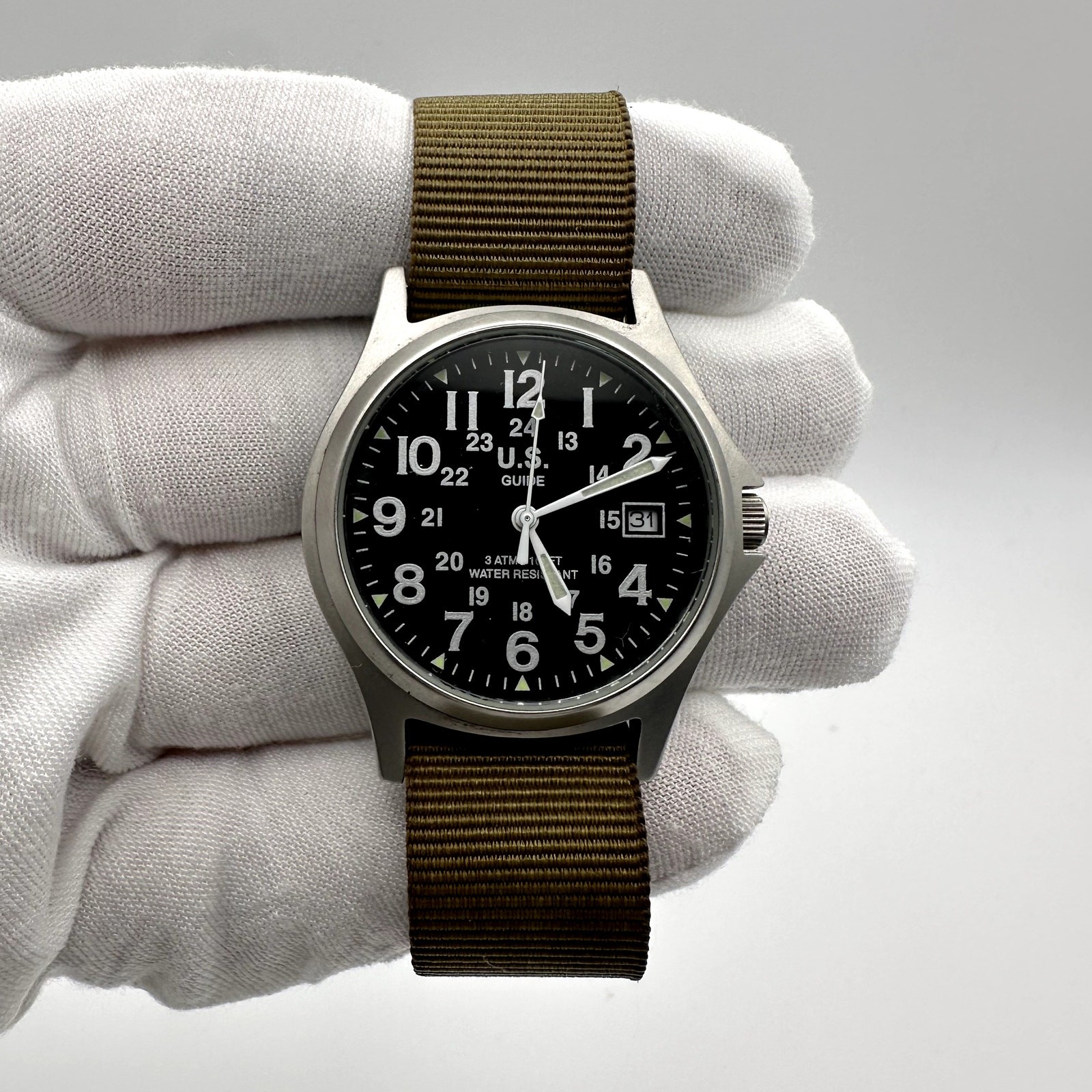 U.S. Guide Quartz Analog Watch Black Dial Olive Nylon Strap