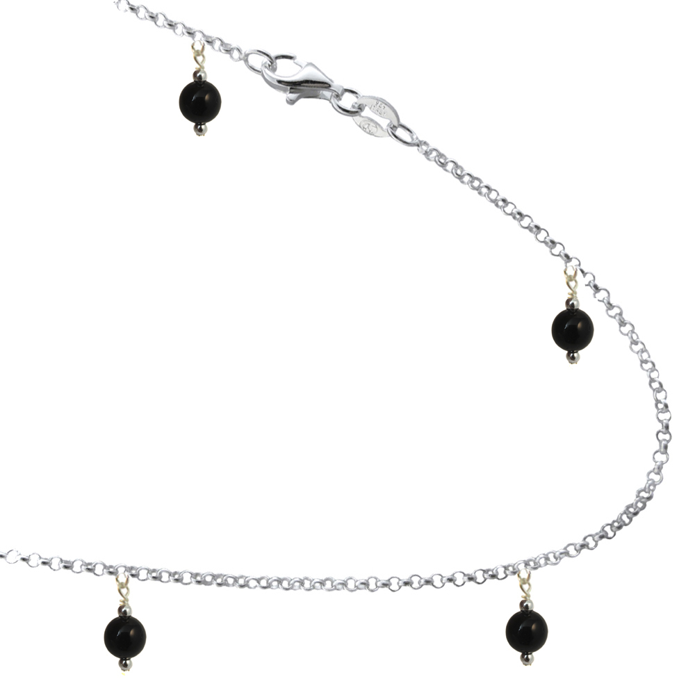 6mm Black Onyx Colored Beads with Sterling Silver Link Bracelet Anklet 7″ to 13″