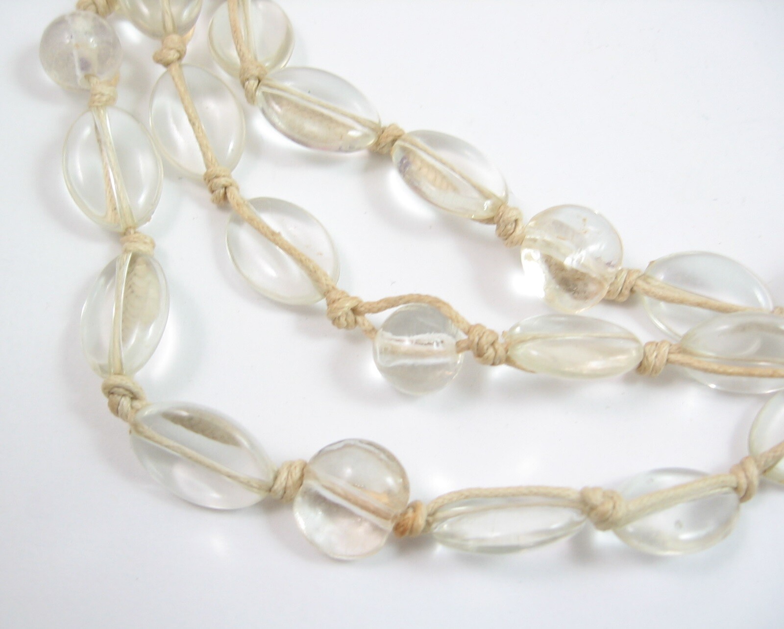 CLEAR GLASS BEAD Necklace Vintage 3 TRIPLE Strand Oval Round Beaded String 22″