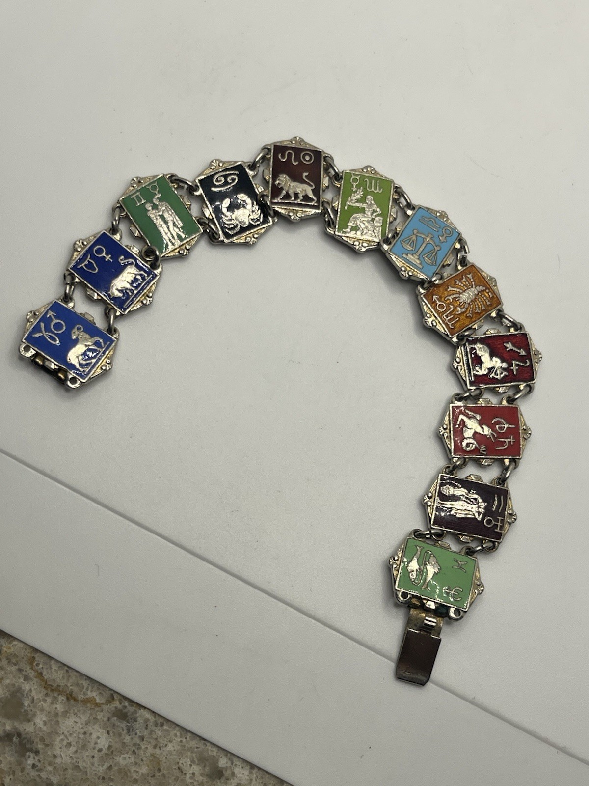 Zodiac astrology signs colorful enamel silver tone chain vintage bracelet