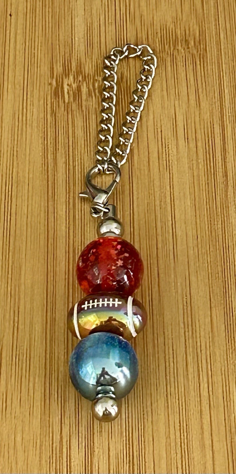 New York Giants Football Focal Red And Blue Beaded Straw Charm With Silver Chain