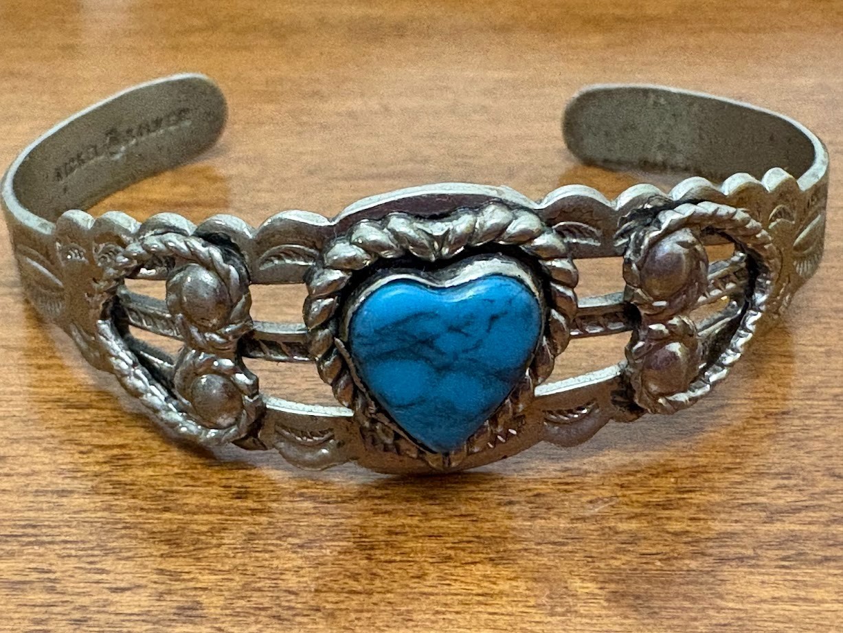 Vintage MidCentury Bell Trading Post Sweetheart Cuff nickle silver turquoise
