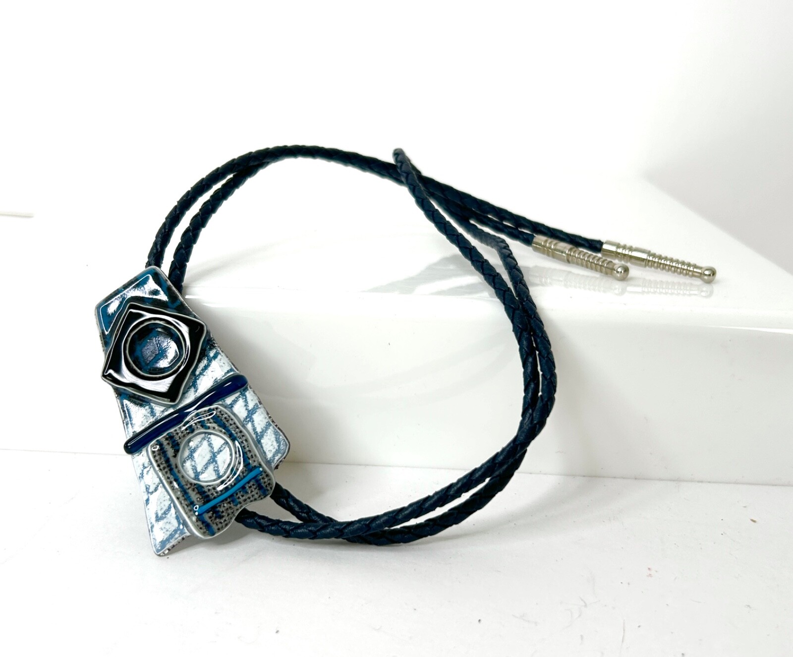 Bolo Tie Ceramic or Porcelain Abstract Art on Dark Blue Leather