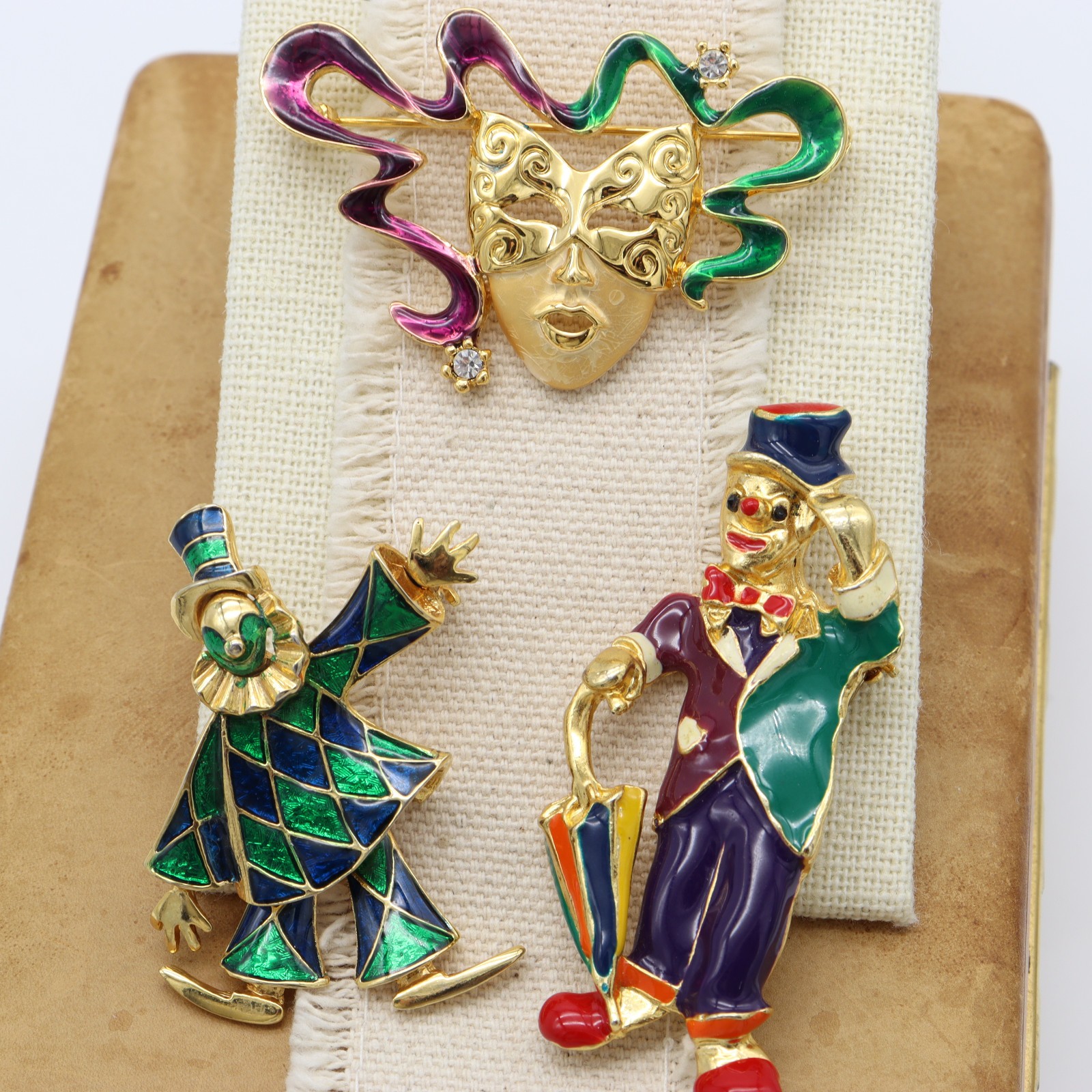 Vtg LOT 3 Clown Jester Mask Mardi Gras Brooch Pin Enamel Multi Gold Tone H.I