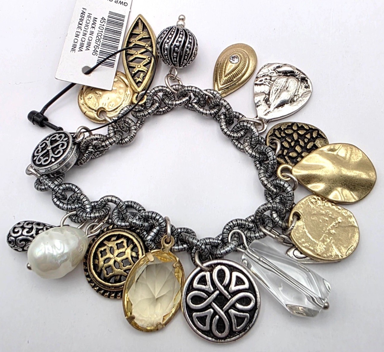 NWT~ Chico’s Charm Bracelet Silver Gold Coin Beads Crystals Magnetic Closure