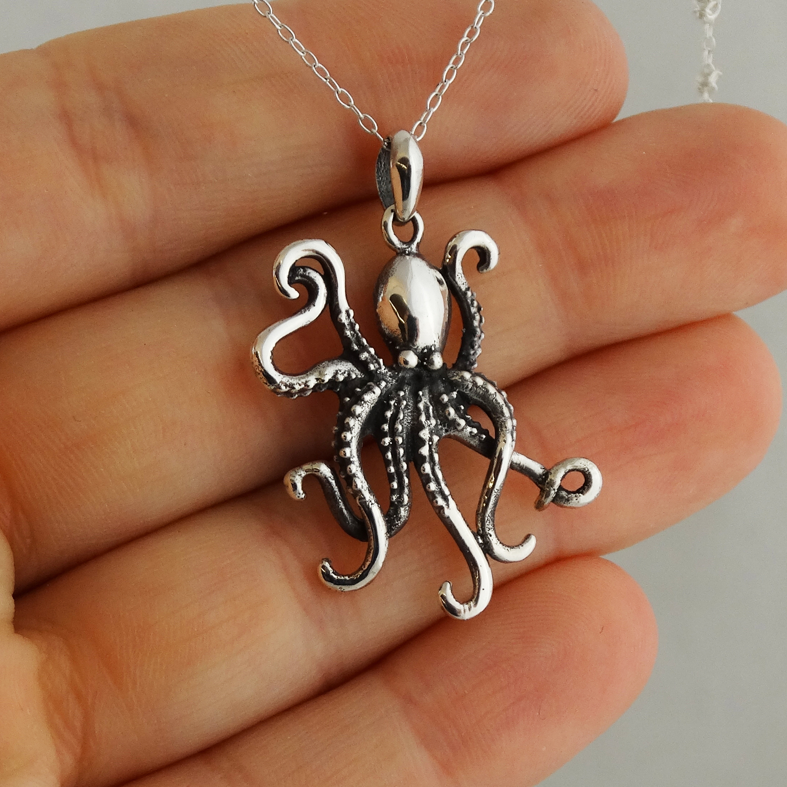 Octopus Pendant Necklace – 925 Sterling Silver – Ocean Marine Octopuses Hank NEW