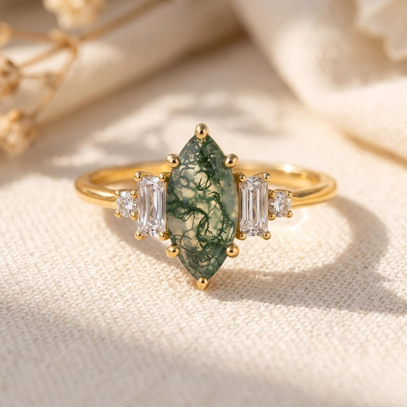Green Moss Agate Ring, Base Metal: Brass Finish: Gold Plated