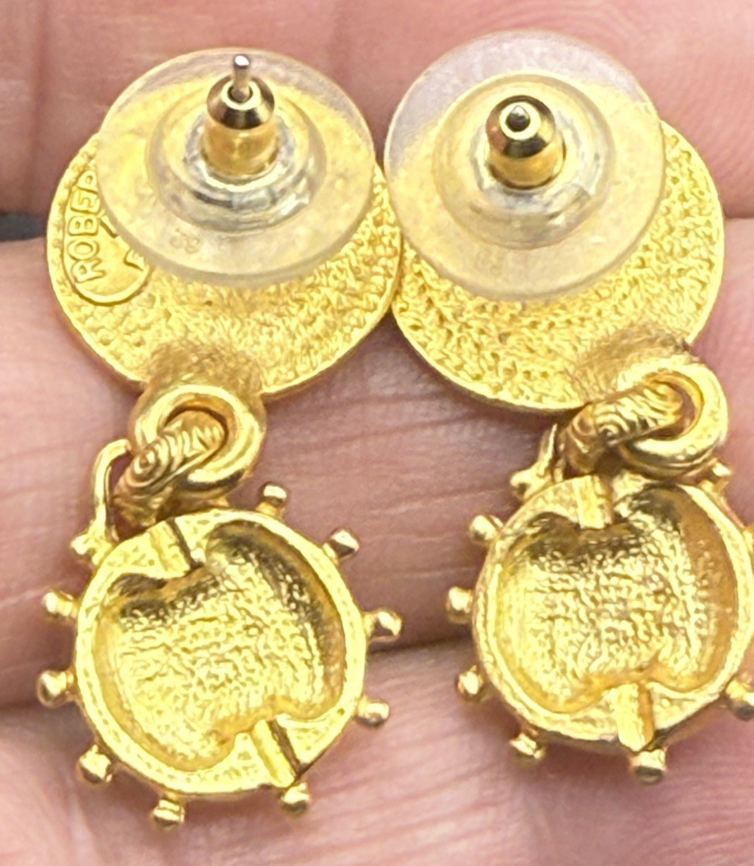 Robert Rose Roman Coin Dangle drop earrings pierced faces gold tone Vintage