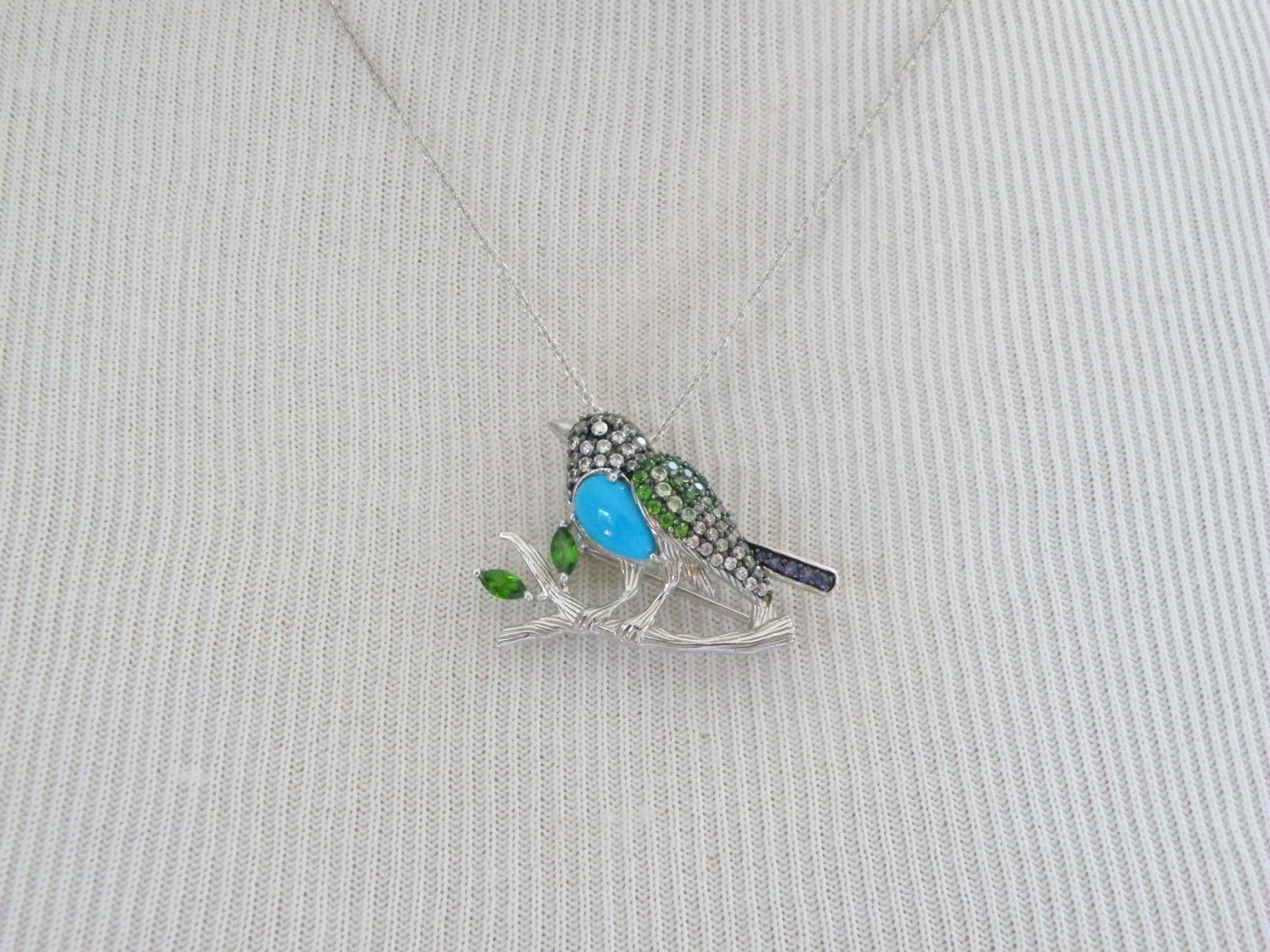 Victoria Wieck Sterling Silver 925 Turquoise Gemstone Bird Brooch Slide Necklace