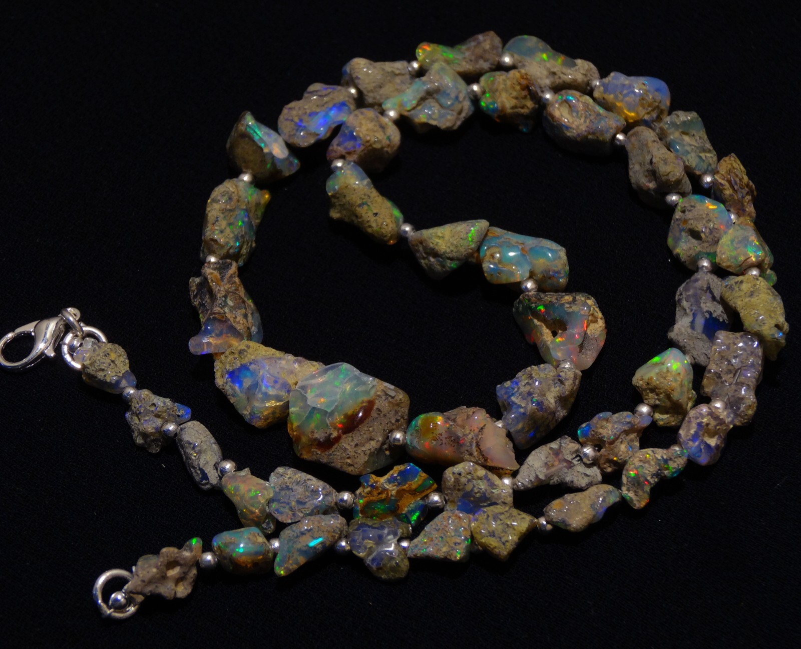 Rainbow Fire Black Opal Rough 9 to 15 mm Freeform Nugget Beads Necklace 19″