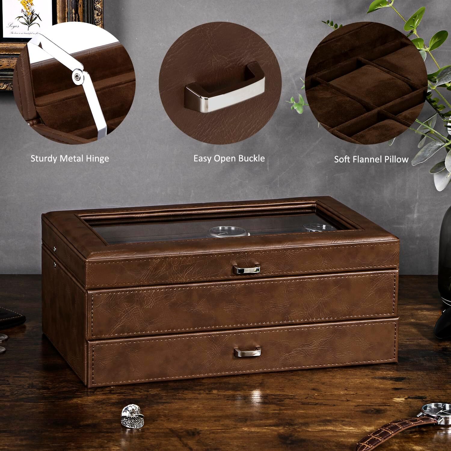 BEWISHOME Watch Box for Men Luxury Watch Organizer Faux Leather Watch Case with
