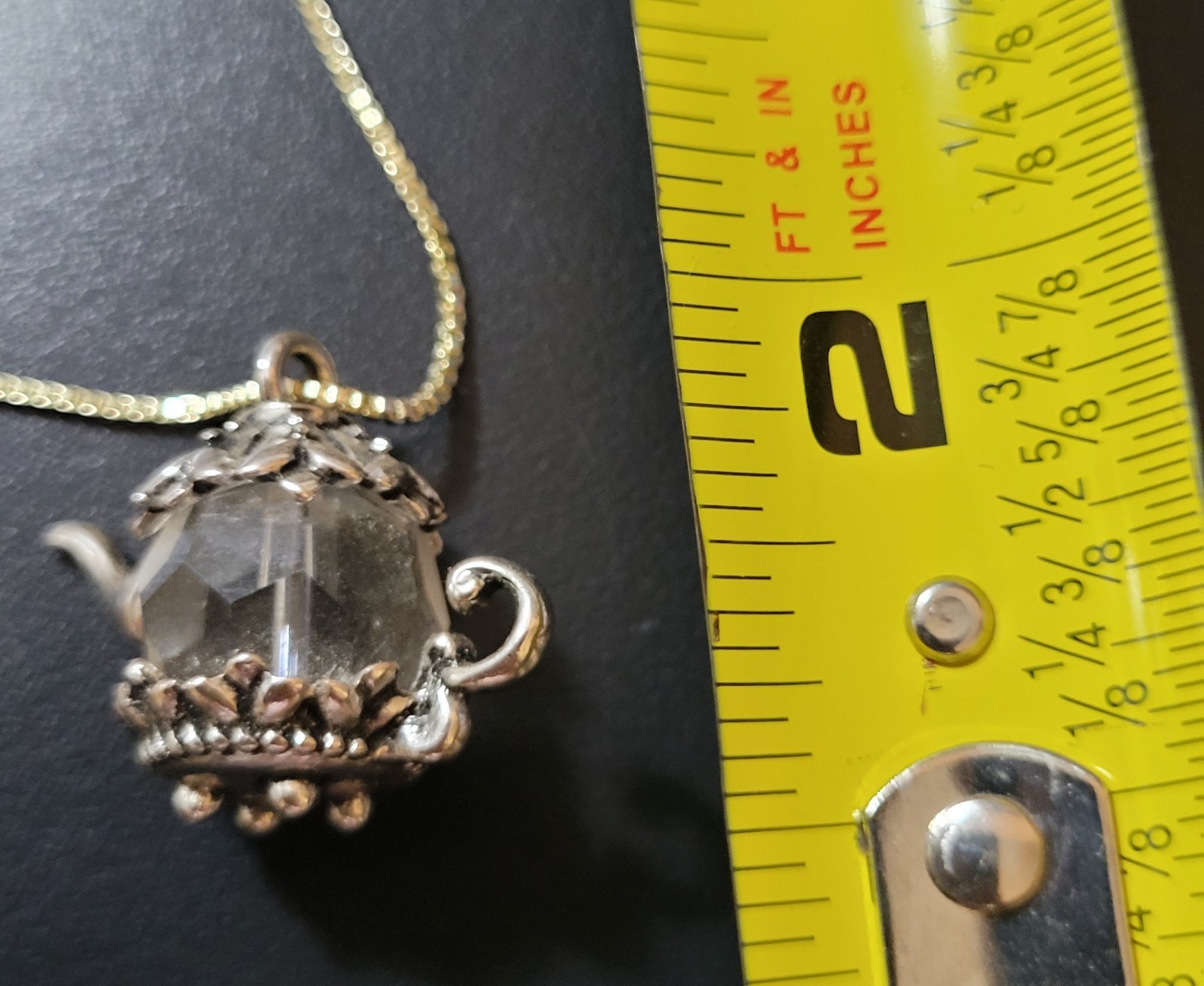 Silver Chain Necklace W/ Whimsical Teapot Charm Pendant Clear Crystal 19-24in