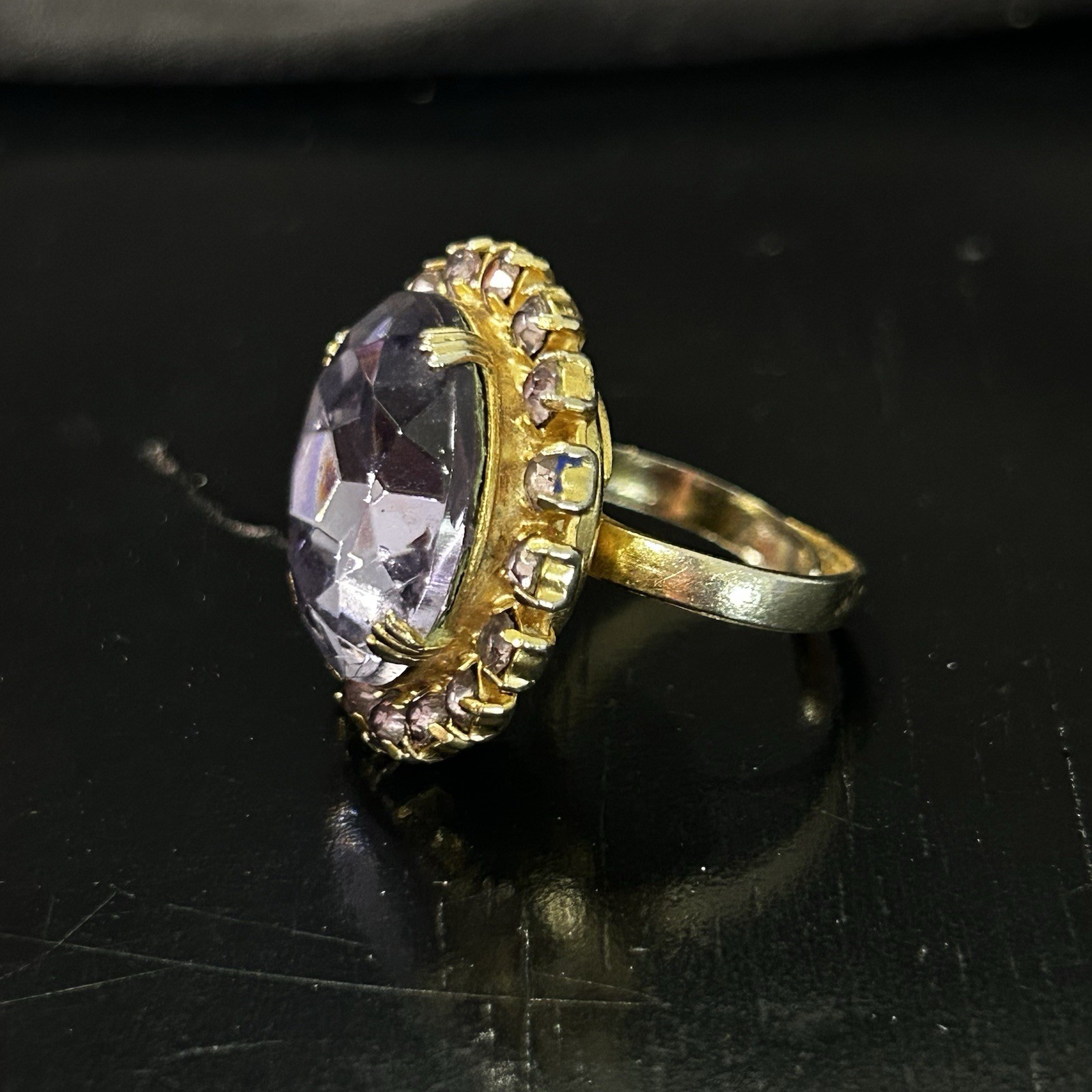 Vintage Ring Size 7.5 Adjustable Faux Amethyst Cluster Gold Tone