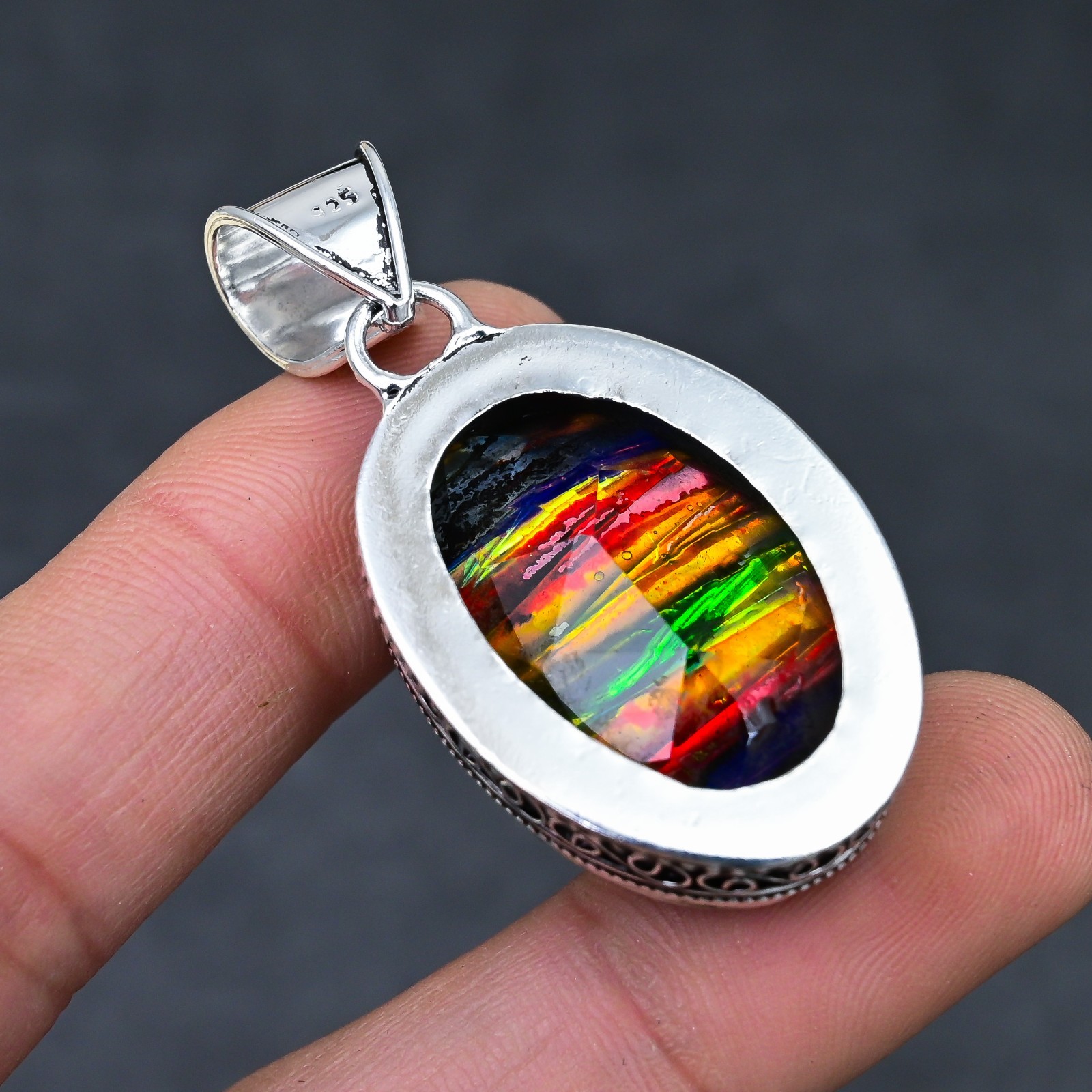 Ammolite Opal Gemstone 925 Sterling Silver Pendant Handmade Jewelry Gift For