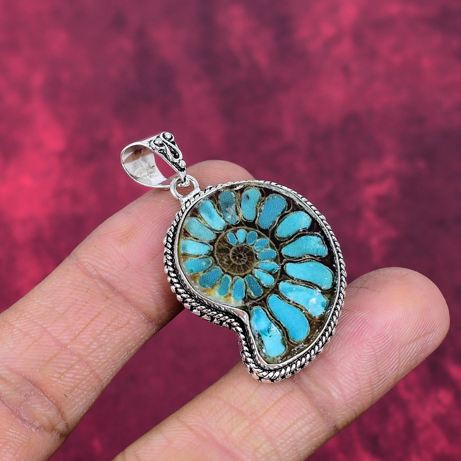 Ammonite Fossil Gemstone Handmade 925 Sterling Silver Beautiful Pendant Jewelry