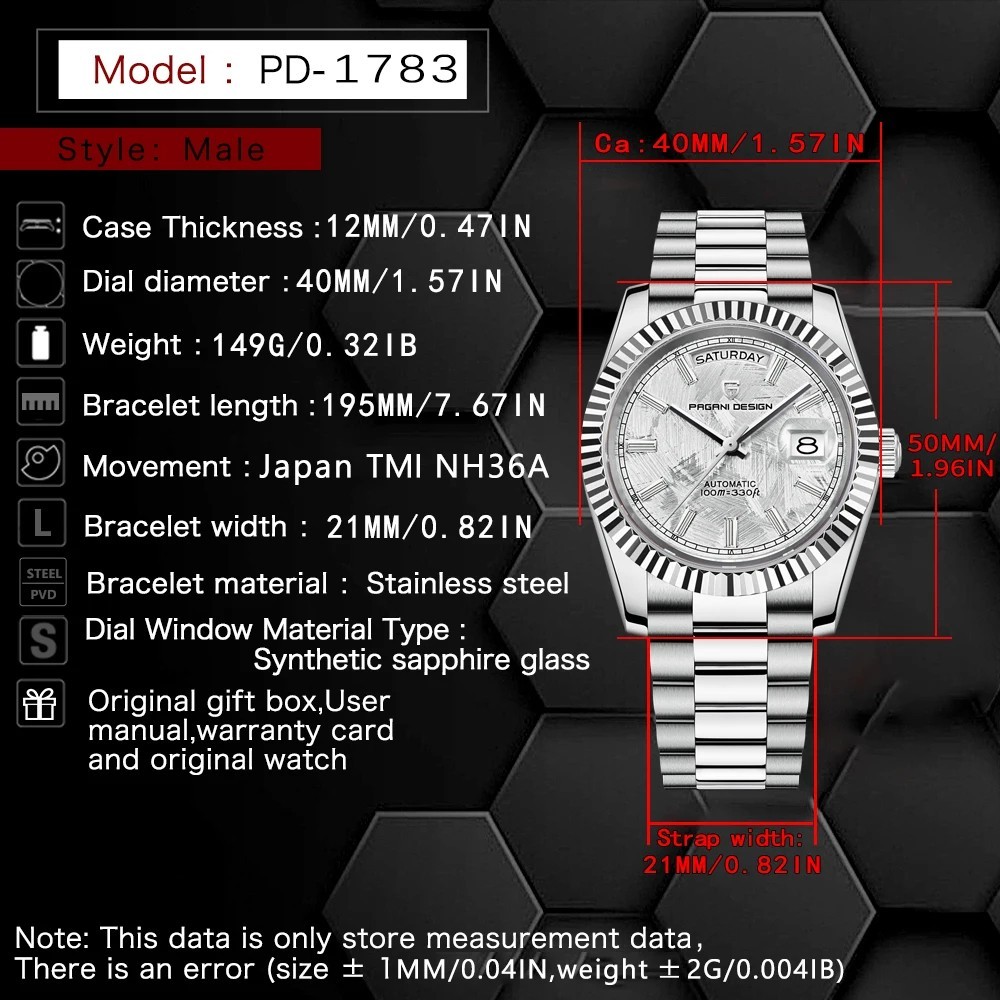 PAGANI DESIGN PD1752 White Dial Automatic Stainless Steel Luxury Men’s Watch
