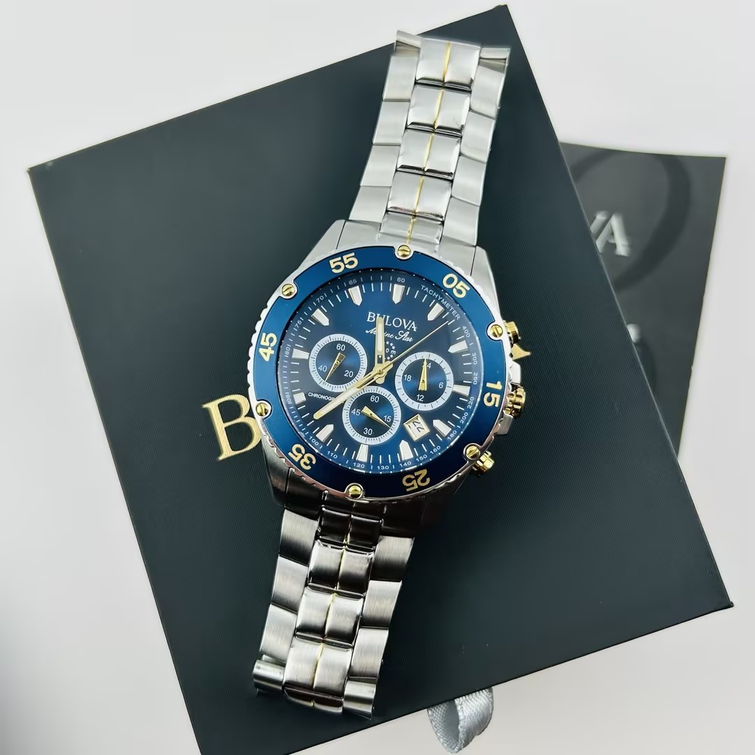 Bulova Marine Star 98B400 Men’s Blue Dial Stainless Chronograph Quartz Watch New