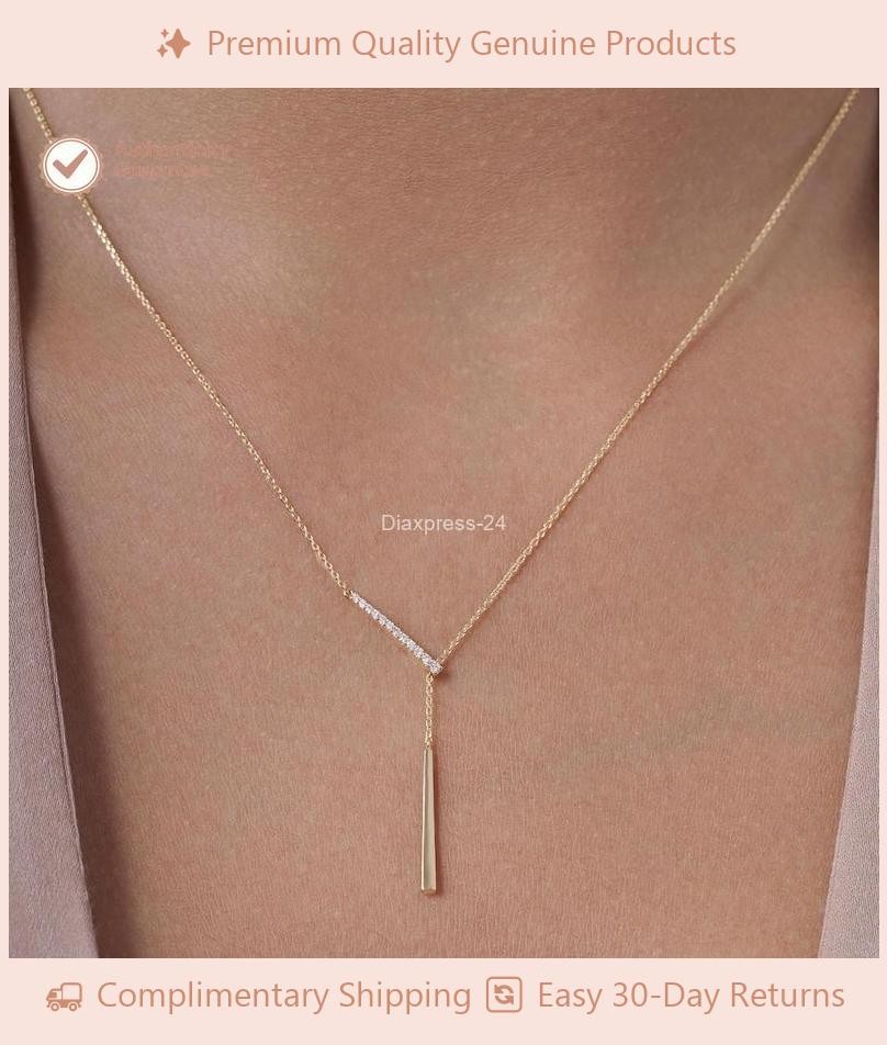 14k Yellow Gold Round Natural Diamond Unique Dangel Dainty Necklace For Wedding