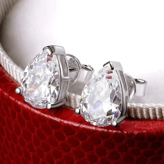 2Ct Pear Cut Moissanite Solitaire Push Back Stud Earrings 14K White Gold Plated